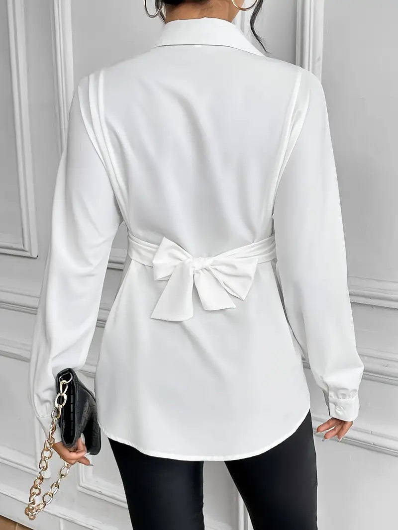 en's Autumn Lapel Tie Bow Waist Slim Fit Shirt