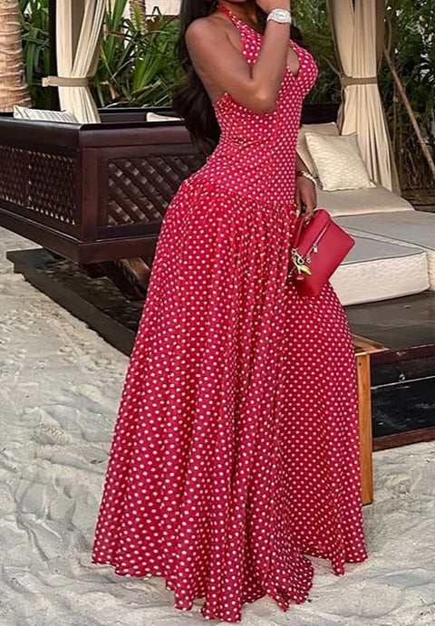 Summer Polka Dot Halter Neck Backless Slim Fit Elegant Dress