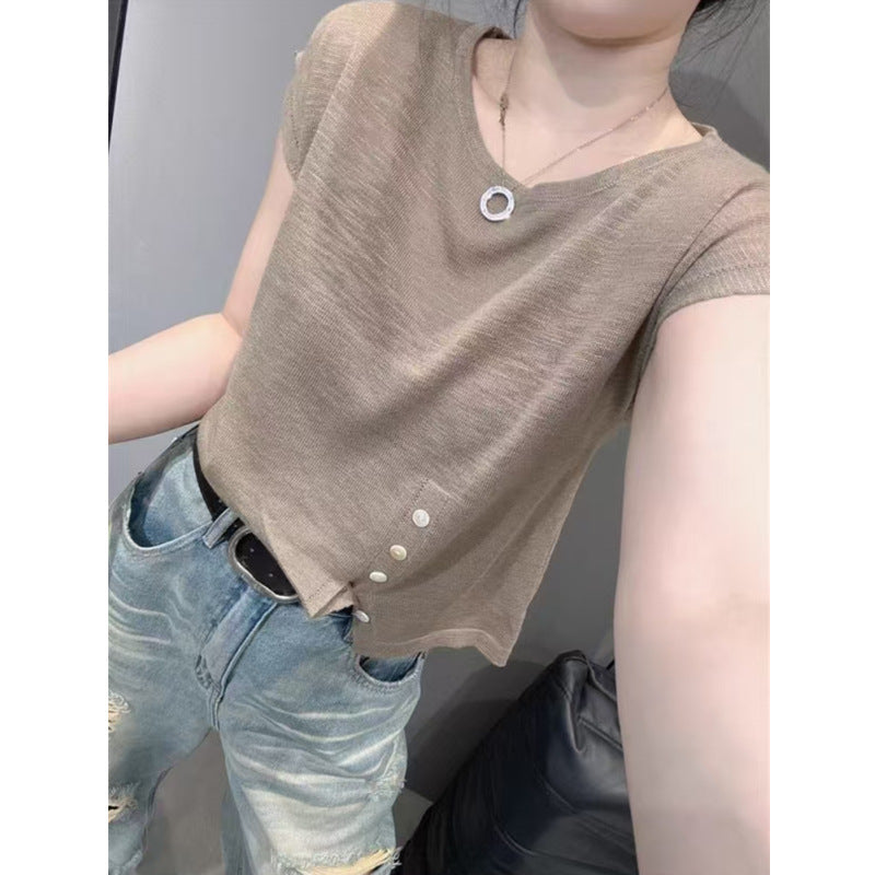 Summer Women's Knitted Short Sleeve Sweater - Loose Fit, Irregular Hem, Chic Round Neck Top
