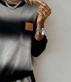 Women's Long Sleeve Round Neck Slit Hem Solid Color Casual Top