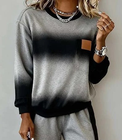 Women's Long Sleeve Round Neck Slit Hem Solid Color Casual Top