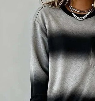 Women's Long Sleeve Round Neck Slit Hem Solid Color Casual Top