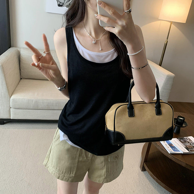 Women's Splicing Fake Two-Piece Sleeveless Sports Vest - Loose Fit Summer Slim Top