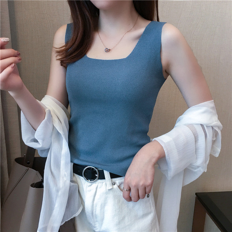Women's Black Knitted Sleeveless Camisole - Spring & Autumn Short Vest, Stylish Innerwear & Outerwear Top