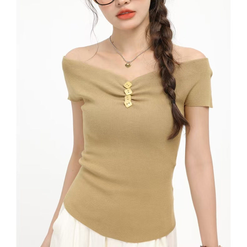 Sweet One-Shoulder Knitted Sweater - Slimming & Lightweight Off-Shoulder Short Top for Women
