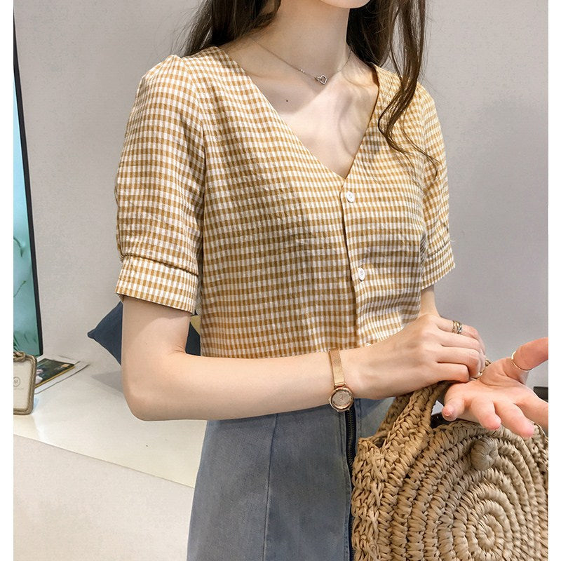 Women's Summer V-Neck Plaid Shirt - Light, Fresh & Effortlessly Cute