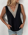 Women's V-Neck Lace Stitching Sleeveless Top - Solid Color Summer Vest Blouse