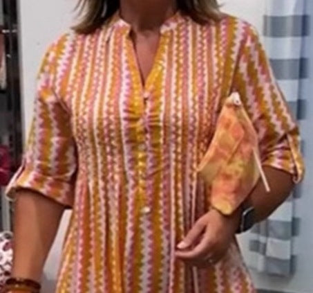 Summer Printed V-Neck Button Front Loose Casual Dress