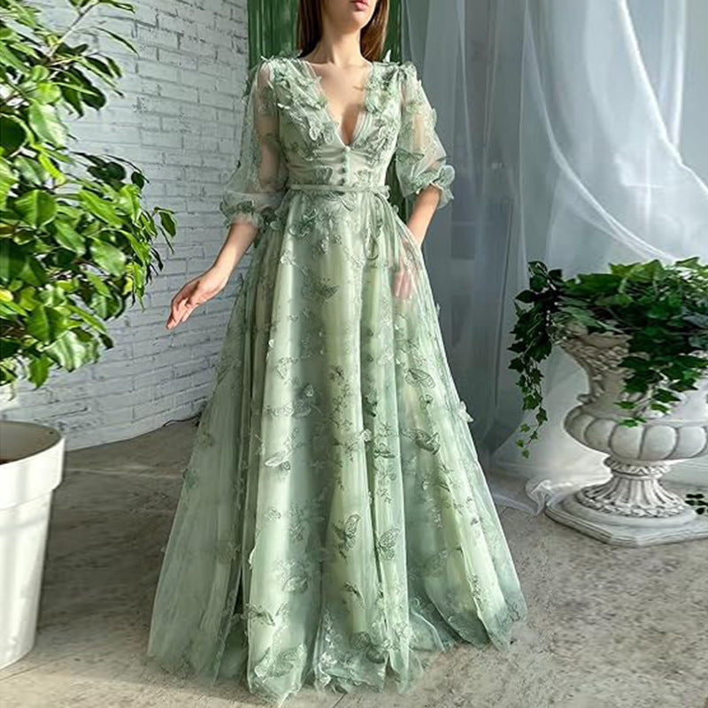 Luxury French Green Evening Dress for Women – Elegant Niche Banquet Gown, High-End Birthday Host Dress