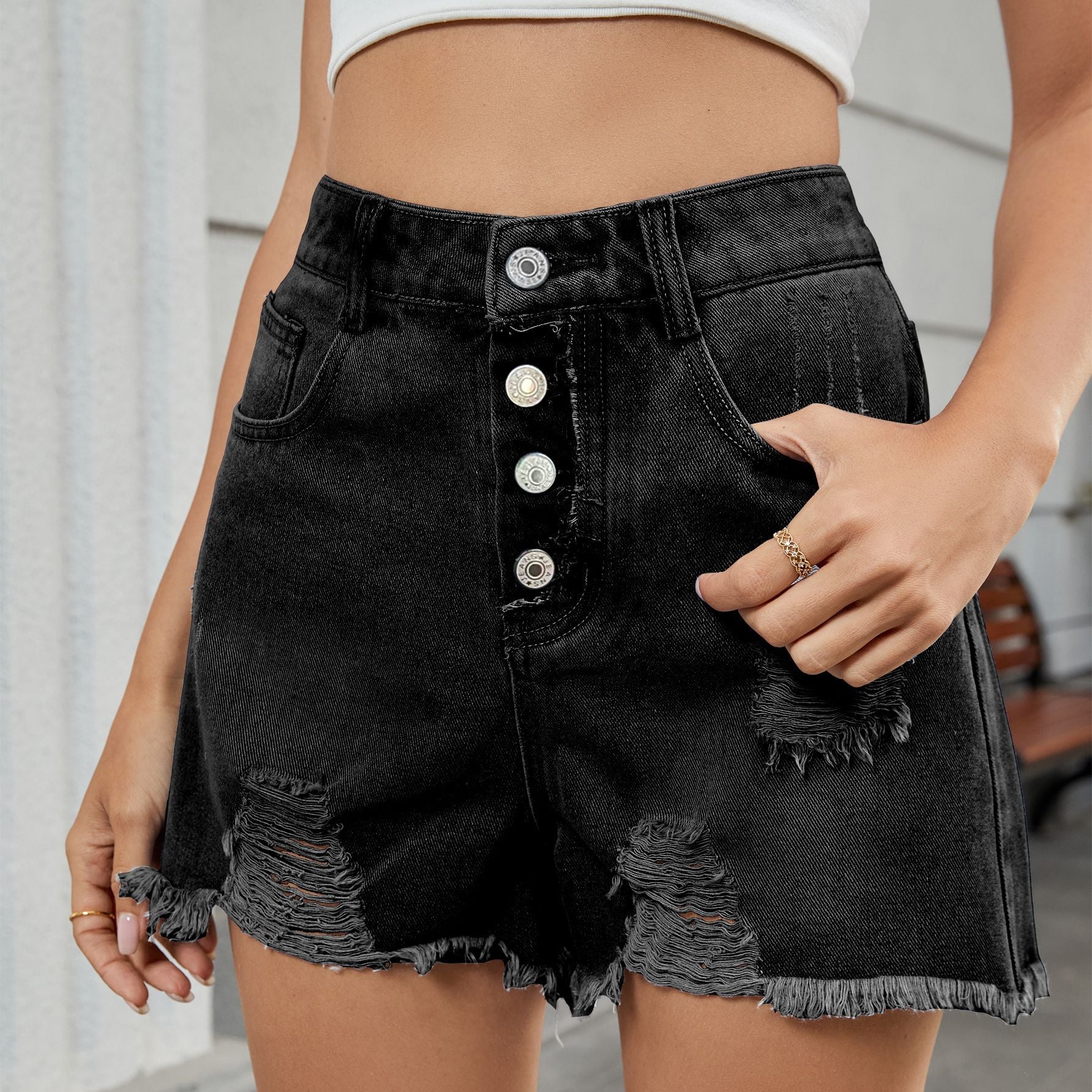 Summer Women's Slim Fit Ripped Denim Shorts - High Waist One-Button Hot Pants