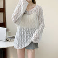 Women's Loose Hollow Knit V-Neck Sweater - Thin Lazy Style Casual Top