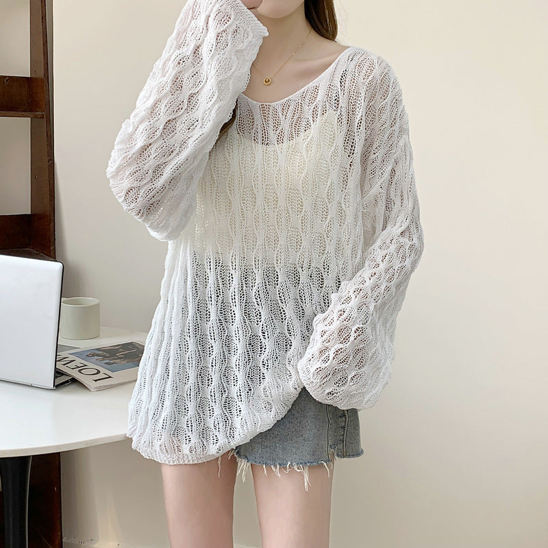 Women's Loose Hollow Knit V-Neck Sweater - Thin Lazy Style Casual Top