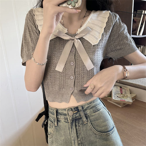 Bowknot Contrast Color Doll Collar Cardigan Sweater - Women's Summer Petite Stylish Short Top