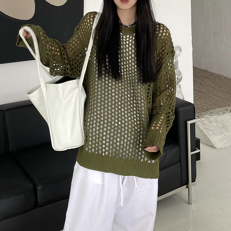 Women's Knitted Hollow Sun Protection Blouse - Lightweight, Loose-Fit, Chic Long-Sleeved Drape Top