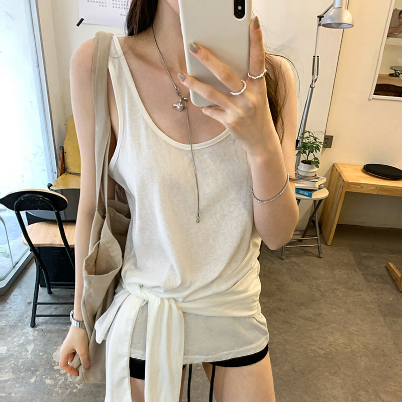 Women's Niche White Sleeveless Lace-Up Vest - I-Shaped Summer Outdoor Top