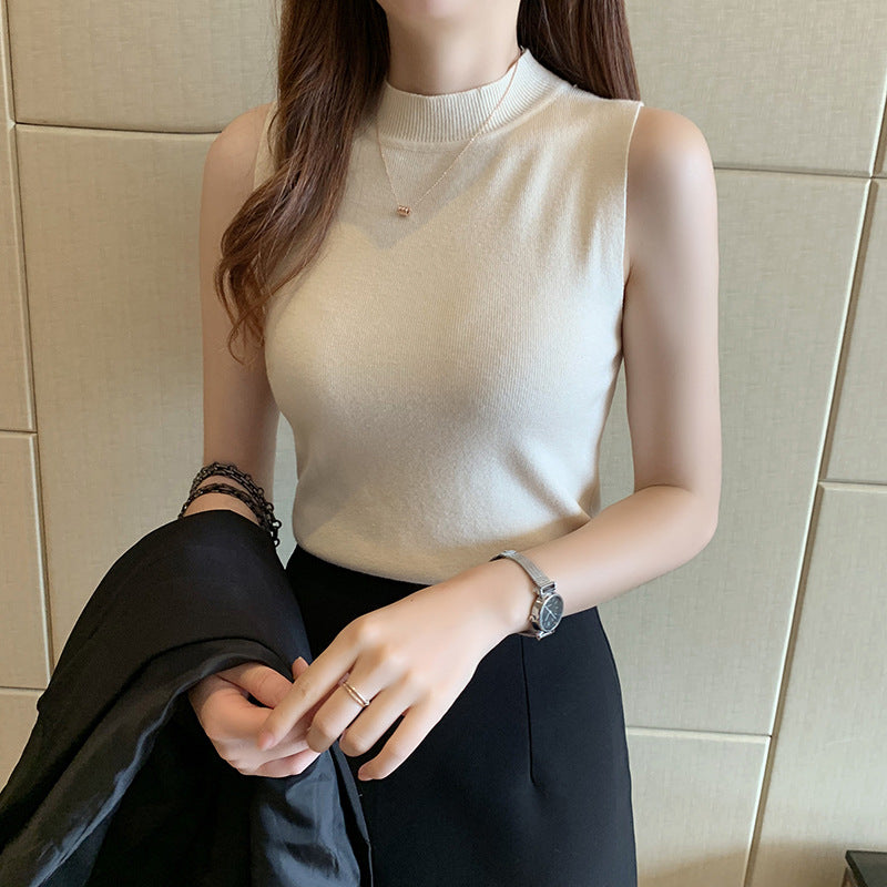 Women's White Knitted Vest - Small Camisole Top for Autumn & Winter, Half Turtleneck Sleeveless Sweater, Lightweight Bottoming S