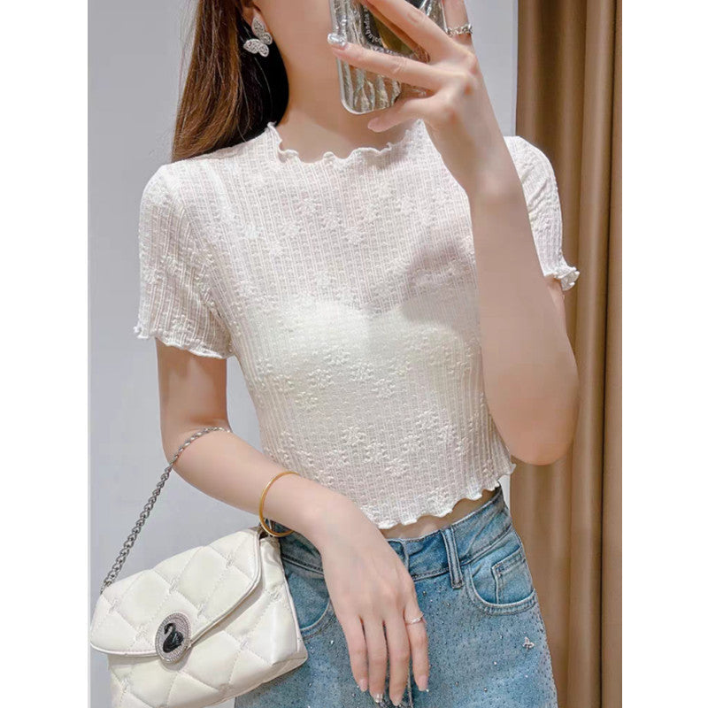 Women's Ice Silk Lace Bottoming Shirt - Summer Chic Mesh Short Sleeve Top with Inner Suspender, Lightweight Gauze T-Shirt