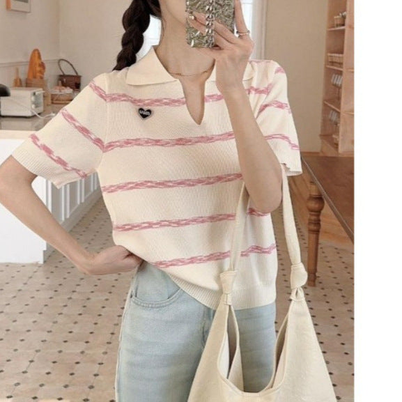 2025 Spring & Summer Women's Lapel Striped Slim Fit Long Sleeve Top - Commuter Chic Edition