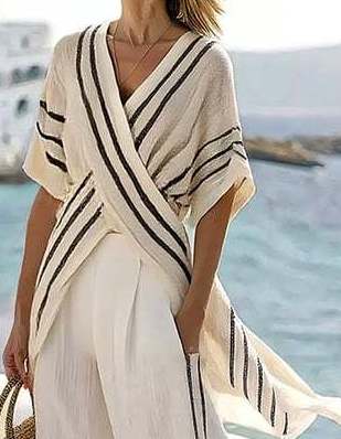 Women's Autumn Striped Cross-Front Top and Wide Leg Pants Two-Piece Set