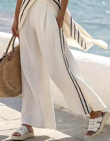 Women's Autumn Striped Cross-Front Top and Wide Leg Pants Two-Piece Set