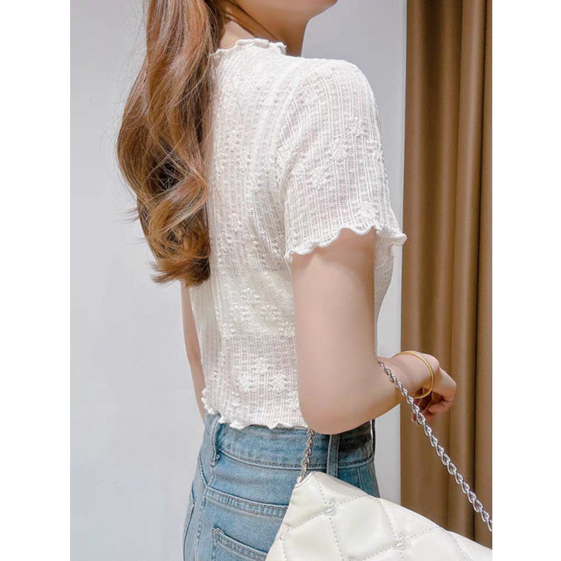 Women's Ice Silk Lace Bottoming Shirt - Summer Chic Mesh Short Sleeve Top with Inner Suspender, Lightweight Gauze T-Shirt