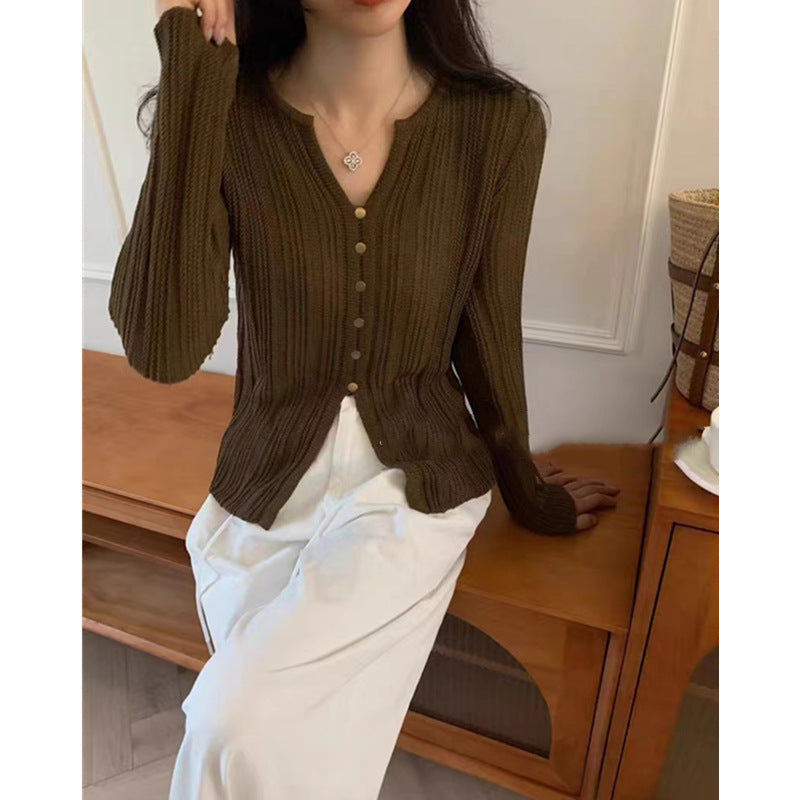 Lazy Style Simple And Versatile Long-Sleeved Knitted Sweater For Women Autumn Wear Temperament V-Neck Slim Fit Top