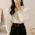 French-Inspired Lace V-Neck Ruffle Blouse - Loose Fit Puff Sleeve Casual Shirt