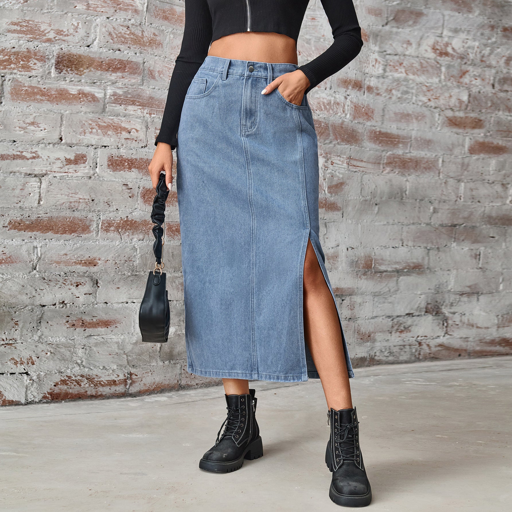 Women's Cross-Border Summer Washed Denim Skirt - Elastic Waist, Mid-Length with Side Slit