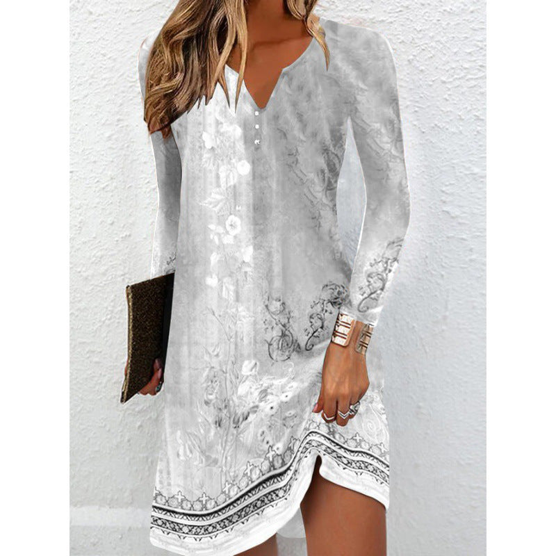Autumn Women's Long-Sleeved V-Neck Irregular Hem Button Dress – Elegant & Casual Style