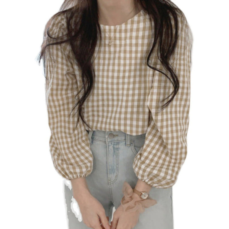 2025 Early Autumn Women's Plaid Long-Sleeved Shirt - Chic Round Neck Versatile Top