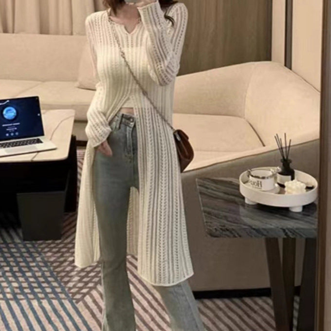 Women's V-Neck Hollow Knit Blouse - Lightweight Slit Long Sun Protection Top for Spring & Summer