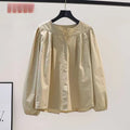 Khaki Pleated Cotton Blouse - Lantern Sleeve Elegance