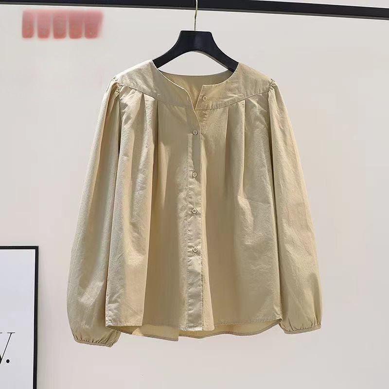 Khaki Pleated Cotton Blouse - Lantern Sleeve Elegance