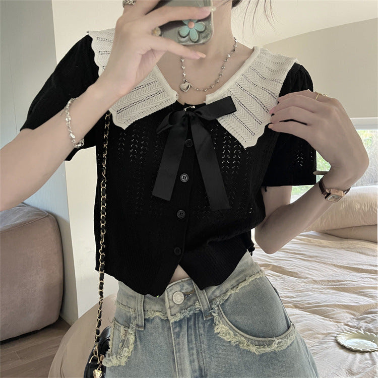 Bowknot Contrast Color Doll Collar Cardigan Sweater - Women's Summer Petite Stylish Short Top