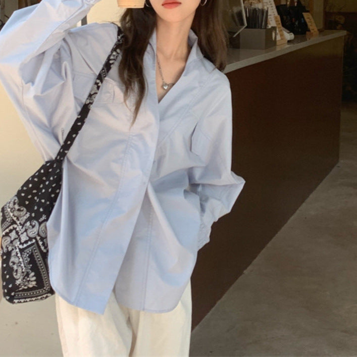 Women's White V-Neck Long-Sleeved Shirt - Loose Fit, Niche Design, Versatile Top
