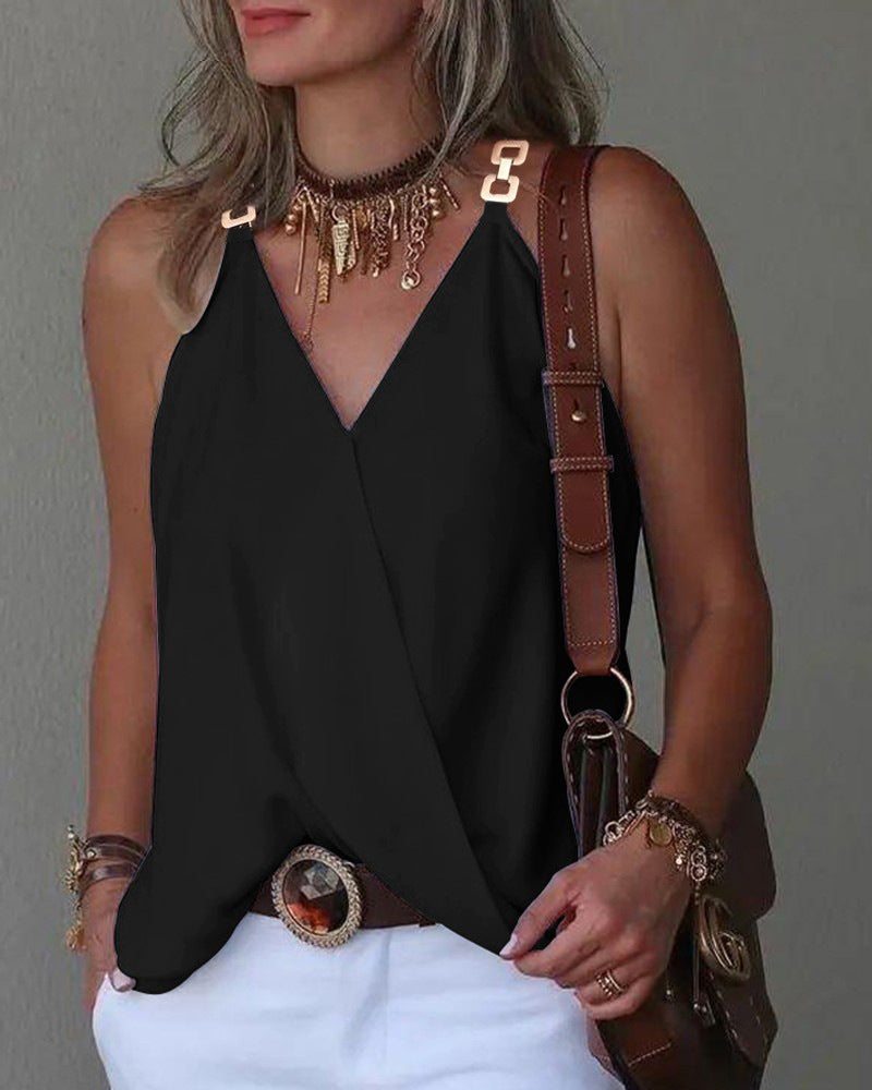 Women's Summer Simple V-Neck Printed Vest Top - Metal Button Detail Sleeveless Blouse