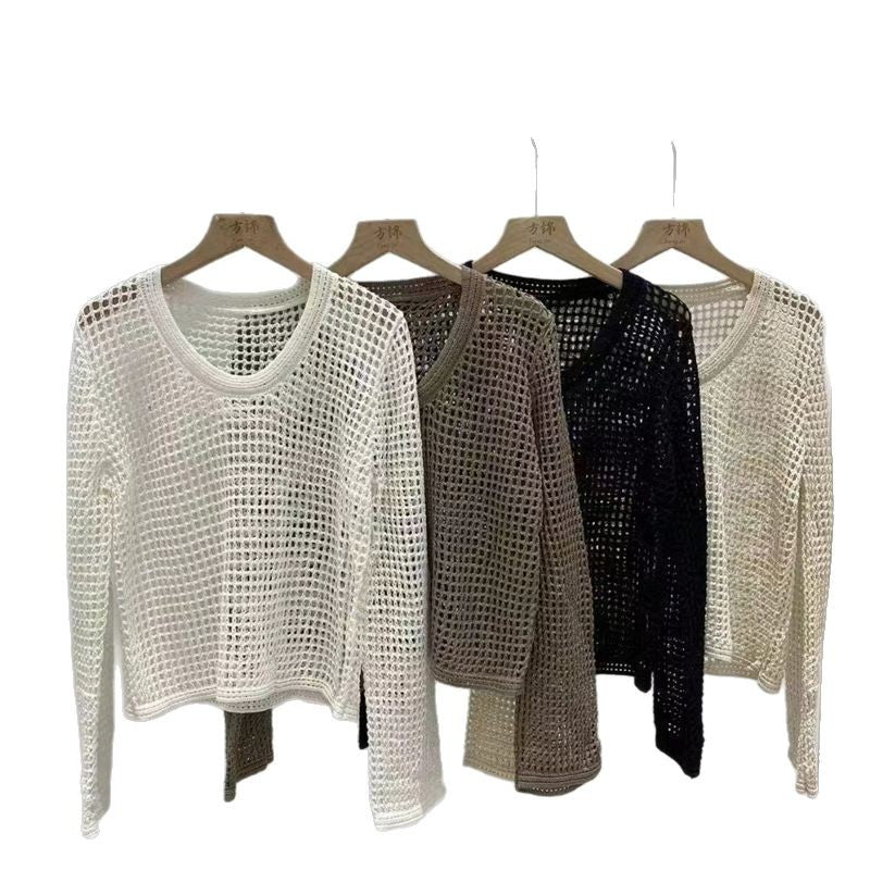 Spring and summer hollow knit sweater women 2025 new thin round neck Top