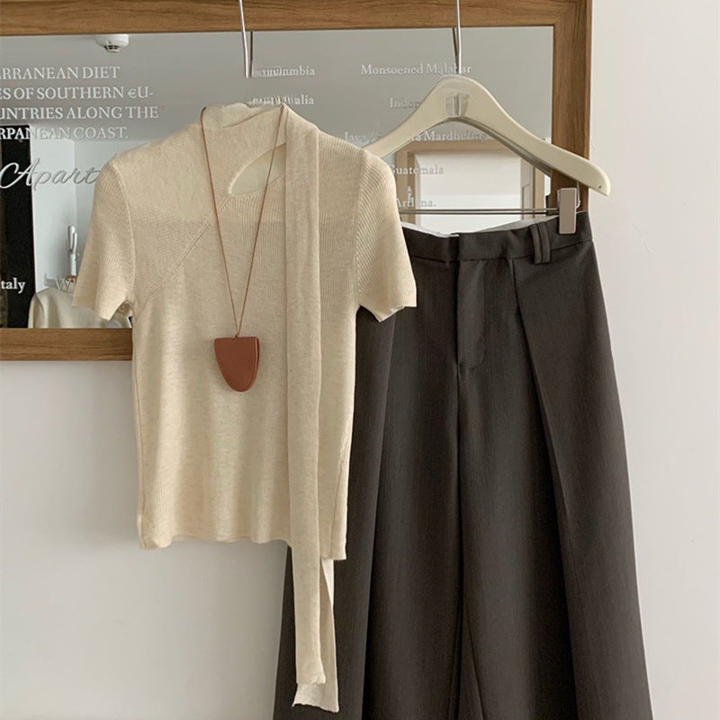 Summer Halter Hollow Knit Sweater - Women's Short Sleeve French Slim Fit Top