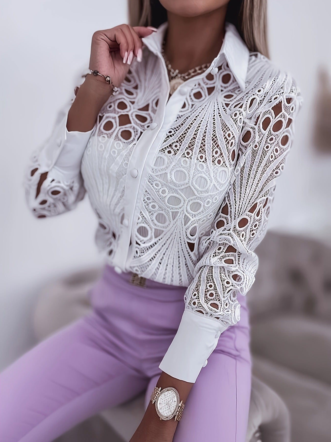 Women's Spring & Autumn Lace Hollow Long Sleeve Shirt - Elegant Commuter Style
