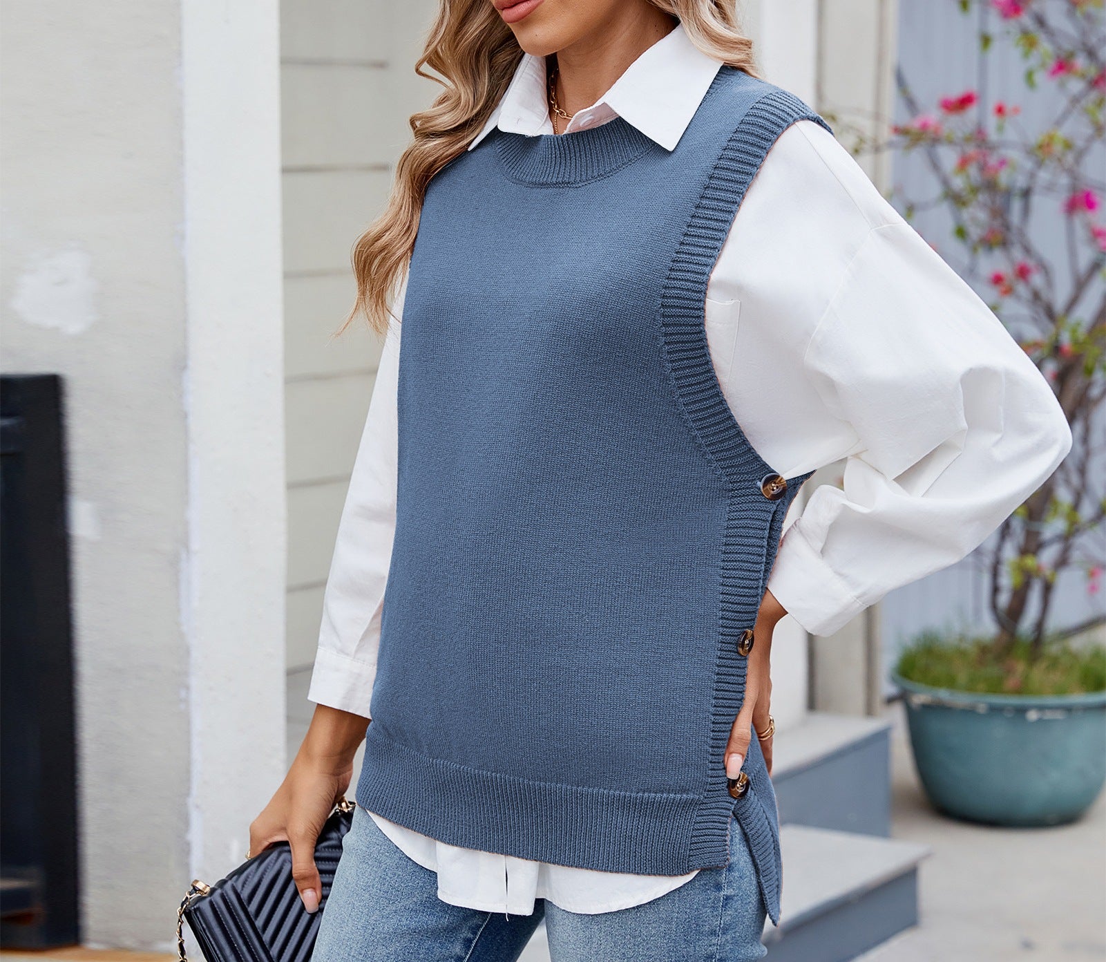 Women's Casual All-Match Solid Color Knitted Top Sweater with Button & Slit Details