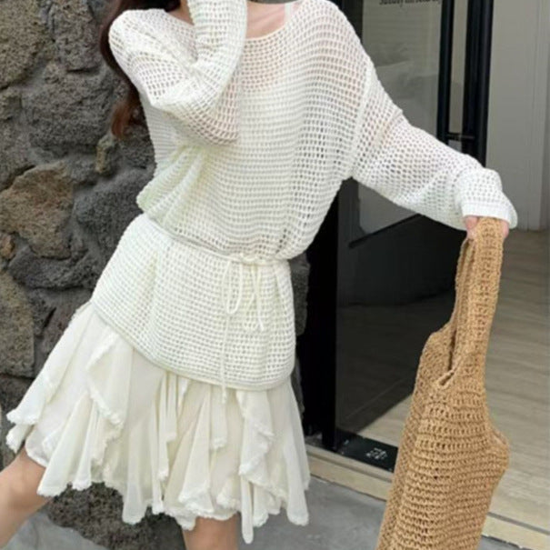 One-Shoulder Hollow Knitted Sweater - Women's Early Spring Sun Protection Blouse