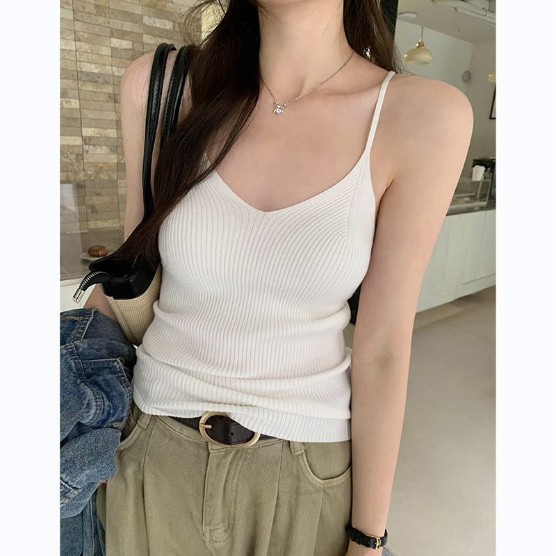 Women's Slim Elastic V-Neck Knitted Camisole Vest - Spring/Summer Innerwear