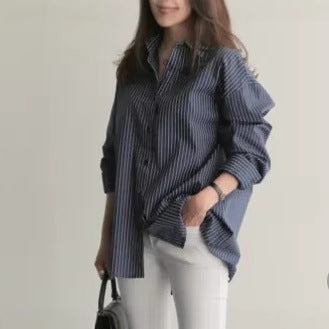 Loose Striped Long-Sleeved Shirt - Simple & Versatile Spring/Autumn Style for Women