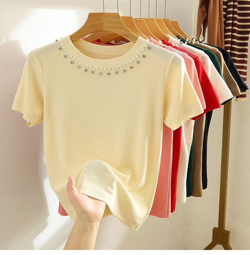 Women's Summer White Beaded Knit T-Shirt - Short Sleeve, Straight Shoulder, Short Top