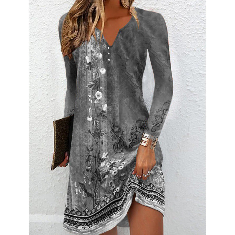 Autumn Women's Long-Sleeved V-Neck Irregular Hem Button Dress – Elegant & Casual Style