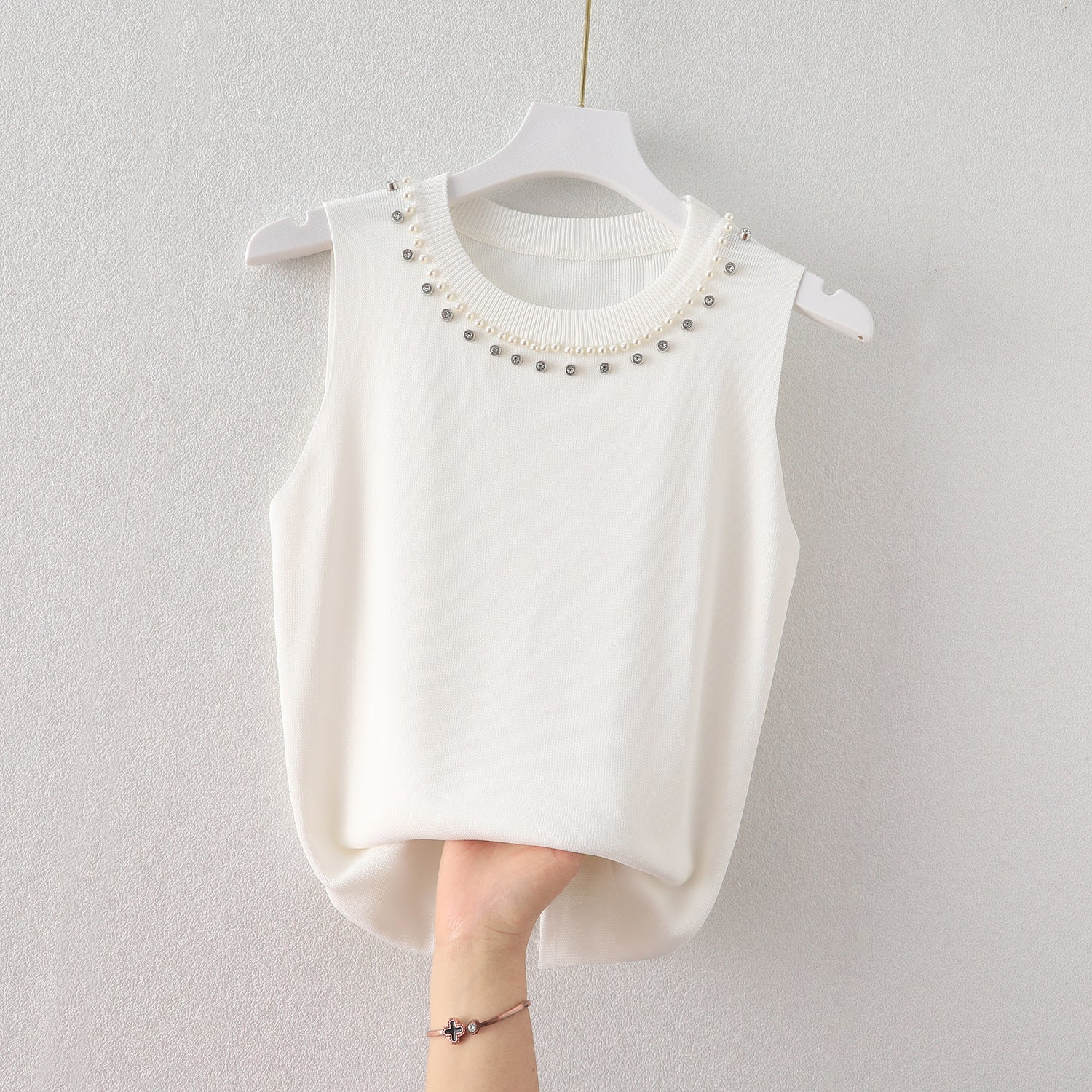 Women's Knitted Sleeveless Vest - Summer Beaded Round Neck Top, Lightweight Inner Bottoming Shirt