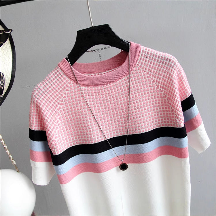 Women's Slim Fit Contrast Color Knit Pullover T-Shirt - Short Sleeve