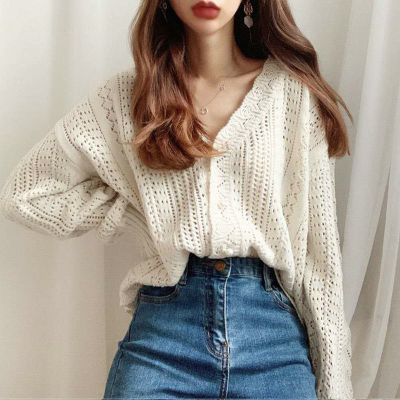 Spring and Autumn New Retro Hollow Lazy Style Wool Coat Hook Flower Sweater V-neck Knitted Cardigan for Women