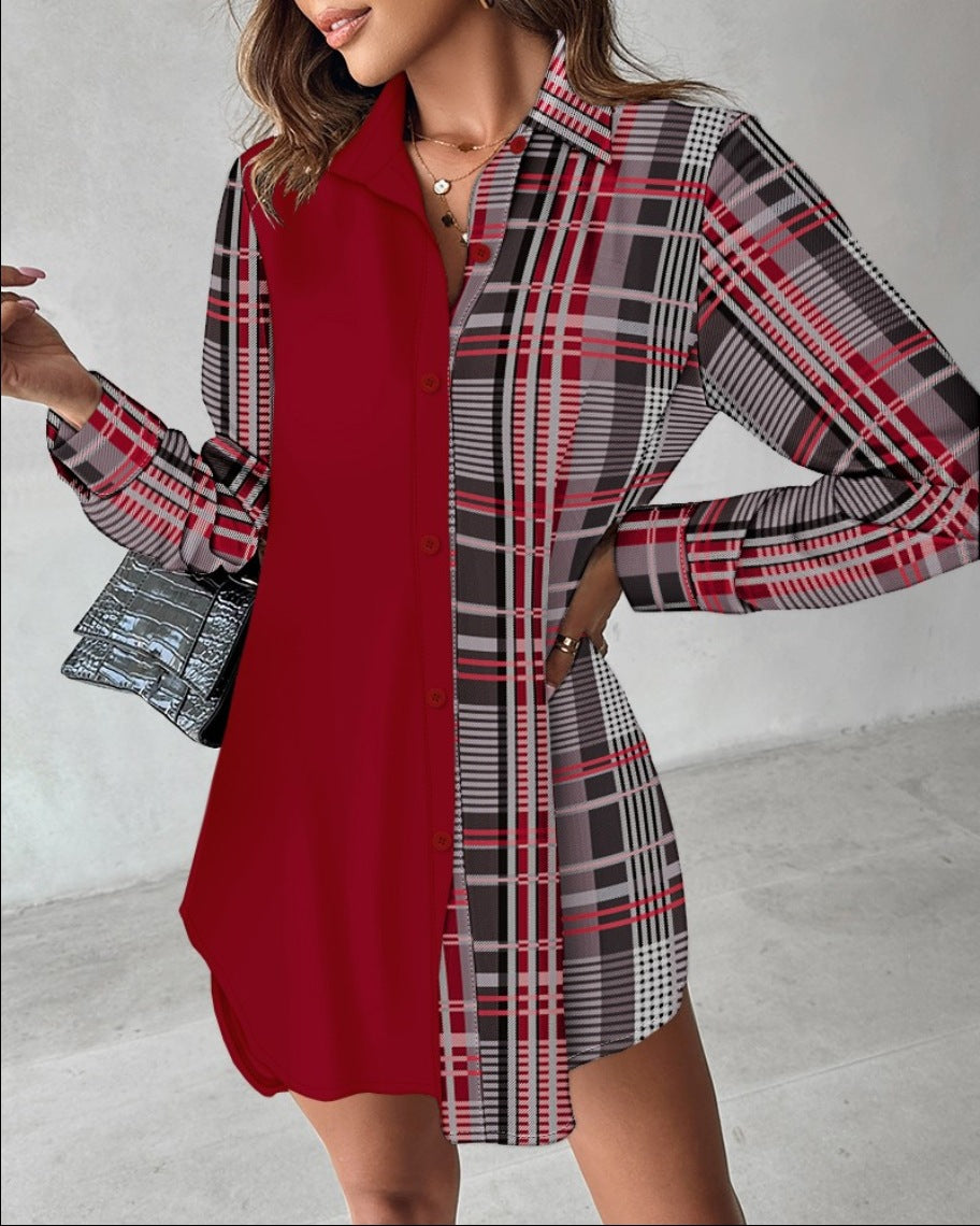 Autumn and Winter Long-Sleeved Printed Stitching Button Dress – Women's Shirt Dress
