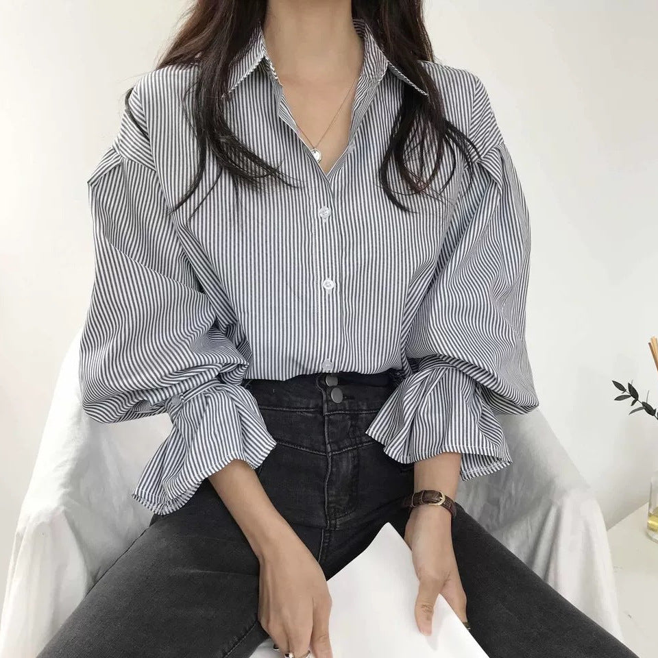 Women's Striped Lantern Sleeve Shirt - Early Spring & Autumn Chic Top